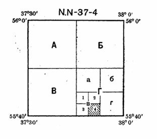 Схема деления листа 1 : 100 000 карты на листы более крупных масштабов Схема деления листа 1 : 100 000 карты на листы более крупных масштабов